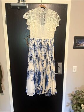 Karen Millen White Lace Bodice Midi Dress with Blue Floral Pleated Skirt